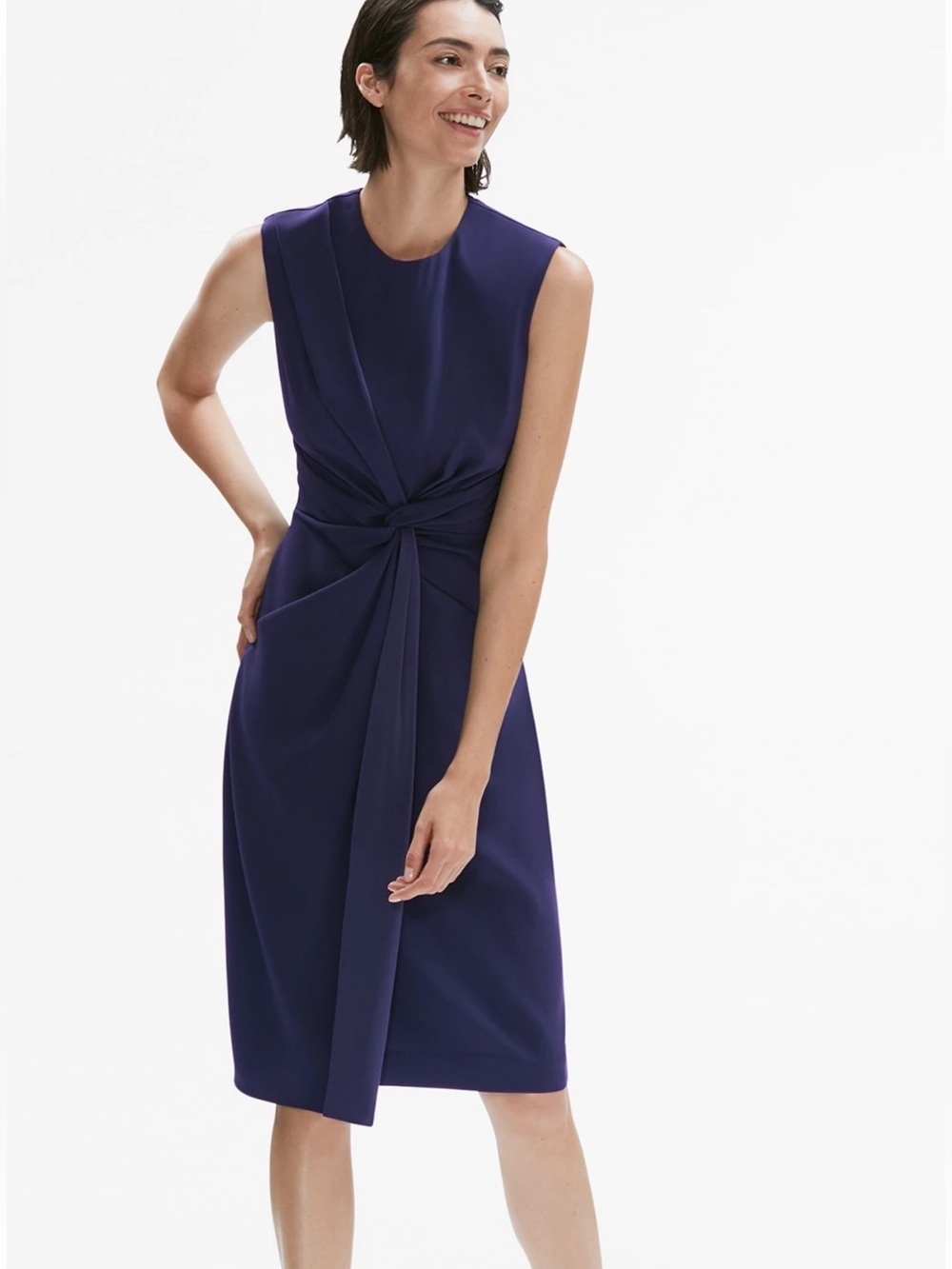 MM.LaFleur Taylor Dress 8 Navy Knot Front Sheath Sleeveless Career Work Midi